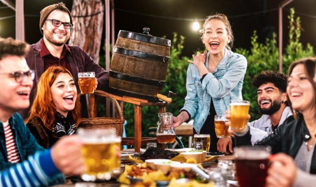 Vibrant community life with a variety of dining options a group of people sitting at a table with drinks